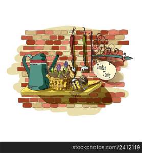 Hand drawn still life of gardening tools for plants flowers farming and agriculture vector illustration