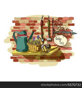 Hand drawn still life of gardening tools for plants flowers farming and agriculture vector illustration