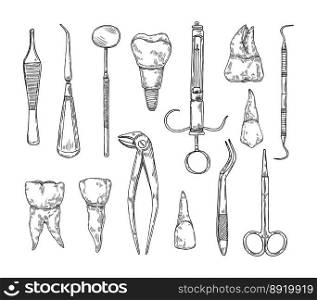 Hand drawn Stomatology attributes. Professional dental tools, tooth with root and dental implant vintage vector illustration set. Equipment for orthodontists, oral treatment and protection. Hand drawn Stomatology attributes. Professional dental tools, tooth with root and dental implant vintage vector illustration set