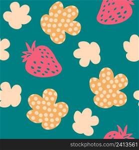 Hand drawn strawberries and spotted flowers seamless pattern. Perfect for T-shirt, textile and prints. Doodle vector illustration for decor and design.