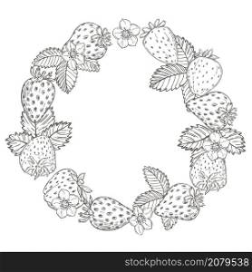 Hand drawn strawberry berries and flowers in a circle on white background. Vector sketch illustration