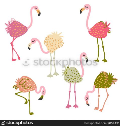 Hand drawn strawberry flamingo collection. Perfect for T-shirt, poster, stickers and print. Doodle vector illustration for decor and design.