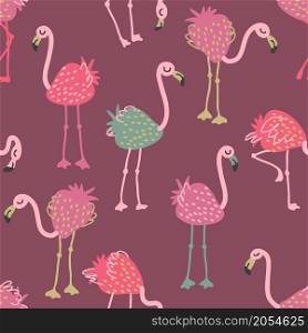 Hand drawn strawberry flamingo seamless pattern. Perfect for T-shirt, textile and print. Doodle vector illustration for decor and design.