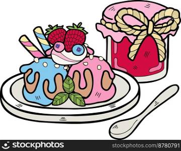 Hand Drawn strawberry ice cream on a plate illustration isolated on background
