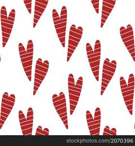 Hand drawn striped hearts seamless pattern. Background with red simple hearts vector illustration. Template for paper, packaging and design