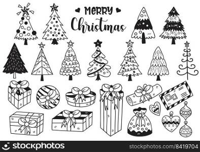 Hand drawn style Christmas tree and gift box doodle objects vector illustration for banner poster flyer