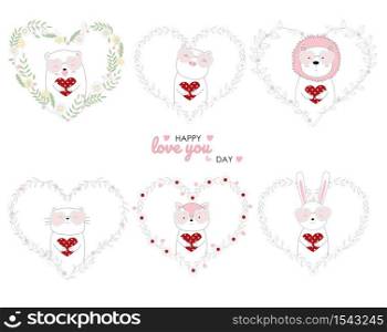 Hand drawn style cute animals holding red heart