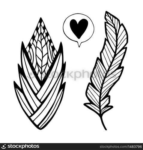 Hand drawn stylized feathers. Interior art print. Cute decorative feather design. Elements for greeting card. Henna and tattoo design. Coloring page for adult. Hand drawn stylized feathers. Interior art print. Cute decorative feather design. Elements for greeting card. Henna and tattoo design. Coloring page for adult.