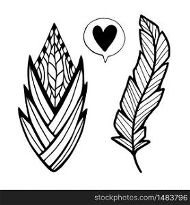 Hand drawn stylized feathers. Interior art print. Cute decorative feather design. Elements for greeting card. Henna and tattoo design. Coloring page for adult. Hand drawn stylized feathers. Interior art print. Cute decorative feather design. Elements for greeting card. Henna and tattoo design. Coloring page for adult.