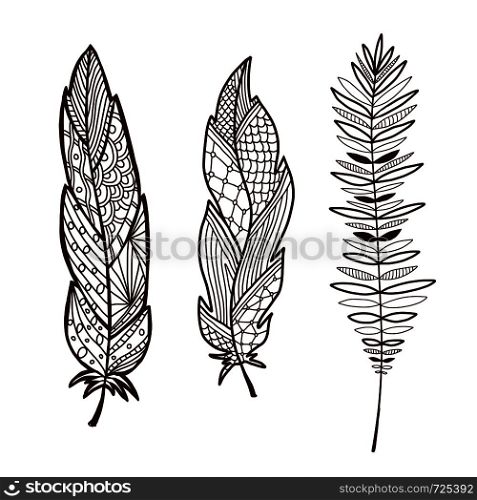 Hand drawn stylized feathers. Interior graphic art print. Cute decorative feather design. Elements for greeting card and postcard, henna and tattoo design. Hand drawn stylized feathers. Interior graphic art print. Cute decorative feather design. Elements for greeting card and postcard, henna and tattoo design.