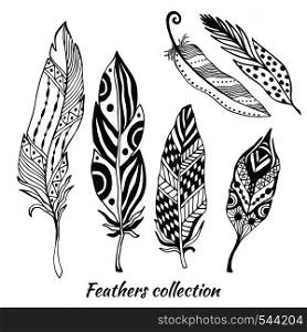 Hand drawn stylized feathers vector collection. Set of doodle tribal feathers. Cute zentangle feather for your design. Hand drawn stylized feathers vector collection. Set of doodle tribal feathers. Cute zentangle feather for your design.