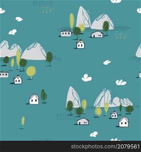 Hand drawn stylized landscape with mountains and houses. Vector seamless pattern.