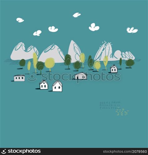 Hand drawn stylized landscape with mountains and houses. Vector sketch illustration.