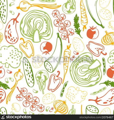 Hand drawn stylized vegetables. Vector seamless pattern.