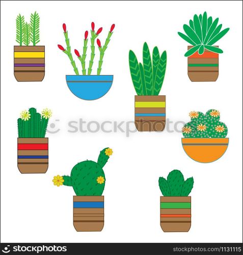 Hand drawn succulent set. Doodle florals in pots. Vector botanical set with cute house interior plants