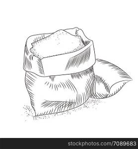 Hand drawn sugar bag. Bag of cereals or flour. Isolated on white background. Engraving style vector illustration.. Sugar bag. Bag of cereals or flour. Isolated on white background.