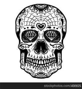 Hand drawn Sugar skull isolated on white background. Day of the dead. Design element for poster, t-shirt. Vector illustration