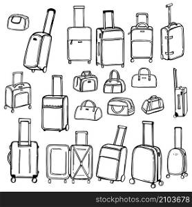 Hand drawn suitcases and bags. Vector sketch illustration.. Suitcases and bags. Vector sketch illustration.