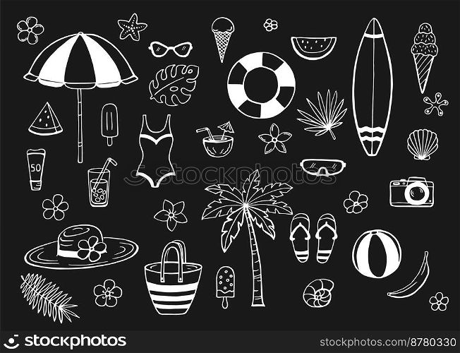 Hand drawn summer beach set. Collection of scrapbooking elements for beach party.