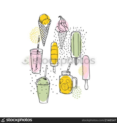 Hand drawn summer drinks, lemonade and ice cream. Vector background. Hand drawn summer drinks and ice cream.