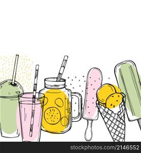 Hand drawn summer drinks, lemonade and ice cream. Vector background. Hand drawn summer drinks, lemonade and ice cream.
