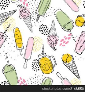 Hand drawn summer drinks, lemonade and ice cream. Vector seamless pattern