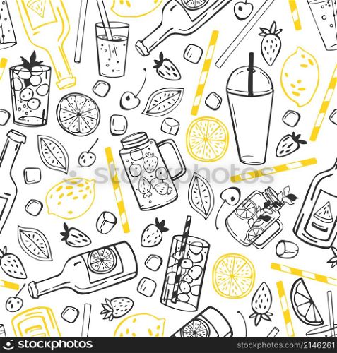 Hand drawn summer drinks, lemonade. Seamless vector pattern. Hand drawn summer drinks, lemonade. Vector sketch illustration.