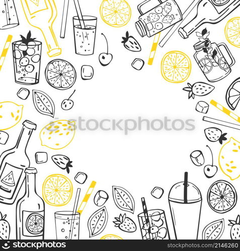 Hand drawn summer drinks, lemonade. Vector background. Hand drawn summer drinks, lemonade. Vector sketch illustration.