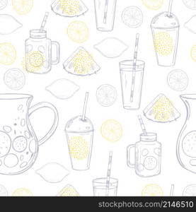 Hand drawn summer drinks, lemonade. Vector seamless pattern. Hand drawn summer drinks, lemonade. Vector sketch illustration.