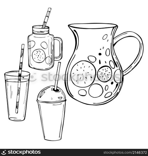 Hand drawn summer drinks, lemonade. Vector sketch illustration.