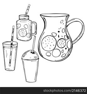 Hand drawn summer drinks, lemonade. Vector sketch illustration.