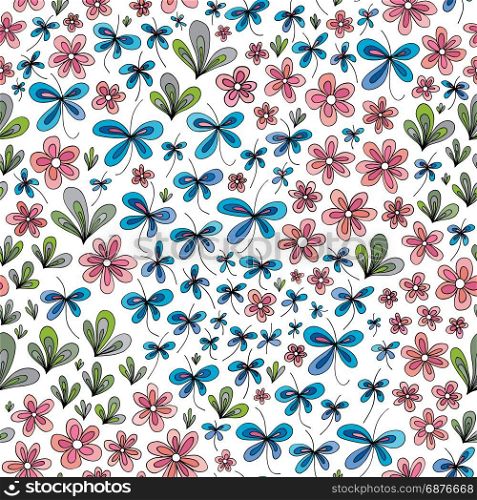 Hand drawn summer floral pattern. Vector abstract nature seamless background.. Hand drawn summer floral pattern. Vector abstract nature seamless background. Colorful bright texture for wallpaper, wrapping, textile design, fabric.