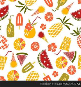 Hand-drawn summer food and drinks. Lemonade, fruits, watermelon and ice cream. Vector seamless pattern.. Summer food and drinks. Vector pattern.