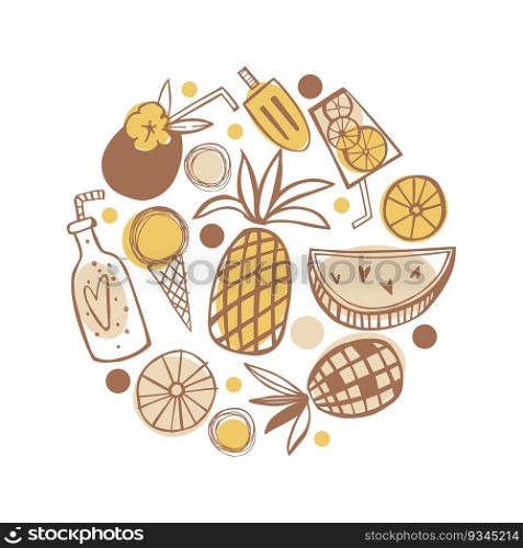 Hand-drawn summer food and drinks. Lemonade, fruits, watermelon and ice cream. Vector sketch illustration.. Summer food and drinks. Sketch illustration.