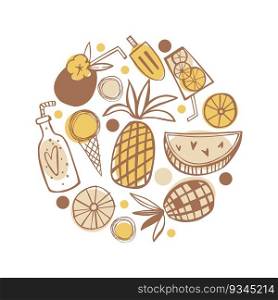 Hand-drawn summer food and drinks. Lemonade, fruits, watermelon and ice cream. Vector sketch illustration.. Summer food and drinks. Sketch illustration.