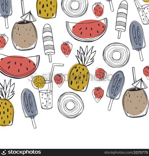 Hand drawn summer food and drinks. Lemonade, watermelon, pineapple and ice cream. Vector background. Sketch illustration.. Summer food and drinks. Vector illustration.