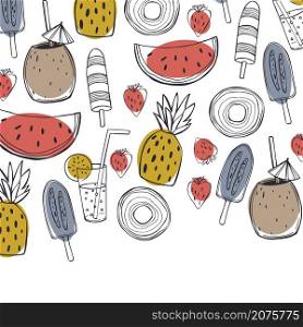 Hand drawn summer food and drinks. Lemonade, watermelon, pineapple and ice cream. Vector background. Sketch illustration.. Summer food and drinks. Vector illustration.