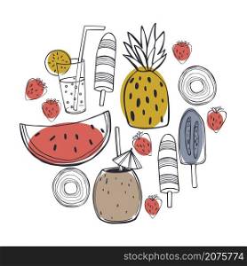 Hand drawn summer food and drinks. Lemonade, watermelon, pineapple and ice cream. Vector sketch illustration.. Summer food and drinks. Vector illustration.