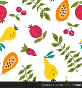 Hand drawn summer fruits seamless pattern. Cherry, pomegranate, papaya, pear, strawberry and palm leaves. Vector fruit design for fabric, textile print, wrapping paper, children textile.. Hand drawn summer fruits seamless pattern. Cherry, pomegranate, papaya, pear, strawberry and palm leaves.