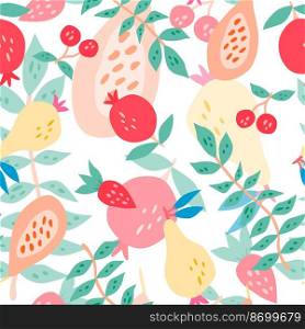 Hand drawn summer fruits seamless pattern. Cherry, pomegranate, papaya, pear, strawberry and palm leaves. Vector fruit design for fabric, textile print, wrapping paper, children textile.. Hand drawn summer fruits seamless pattern. Cherry, pomegranate, papaya, pear, strawberry and palm leaves.