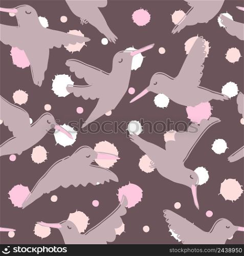 Hand drawn summer seamless pattern with hummingbirds and abstract spots. Perfect for T-shirt, poster, greeting card and print. Doodle vector illustration for decor and design.