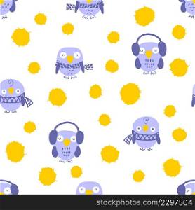 Hand drawn summer seamless pattern with owls and drops. Perfect for T-shirt, textile and prints. Cartoon style vector illustration for decor and design.