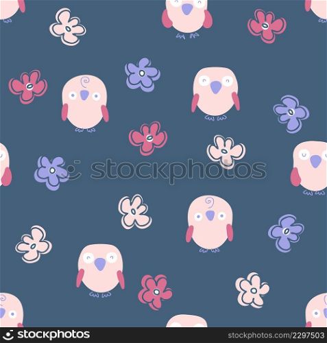 Hand drawn summer seamless pattern with owls and flowers. Perfect for T-shirt, textile and prints. Cartoon style vector illustration for decor and design.