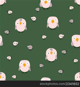 Hand drawn summer seamless pattern with owls and small birds. Perfect for T-shirt, textile and prints. Cartoon style vector illustration for decor and design.