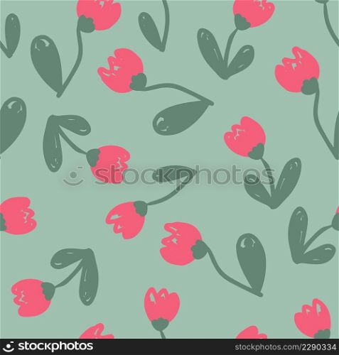 Hand drawn summer seamless pattern with tulip flowers. Perfect for T-shirt, textile and print. Doodle vector illustration for decor and design.
