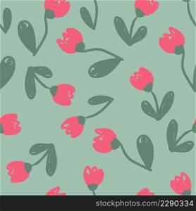 Hand drawn summer seamless pattern with tulip flowers. Perfect for T-shirt, textile and print. Doodle vector illustration for decor and design.