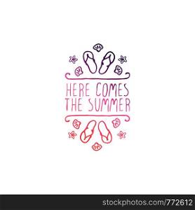 Hand drawn summer slogan with graphic elements isolated on white background. Gradient from coral and deep violet. Here comes the summer. Hand Drawn Summer Slogan Isolated on White. Here Comes the Summer