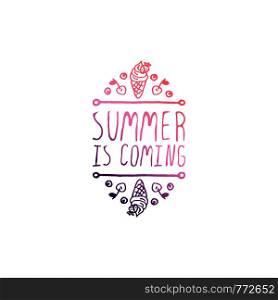 Hand drawn summer slogan with graphic elements isolated on white background. Gradient from coral and deep violet. Summer is coming. Hand Drawn Summer Slogan Isolated on White. Summer is Coming
