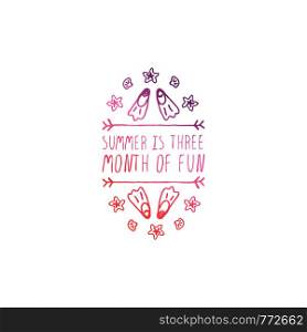 Hand drawn summer slogan with graphic elements isolated on white background. Gradient from coral and deep violet. Summer is three month of fun. Hand Drawn Summer Slogan Isolated on White. Summer is Three Month of Fun