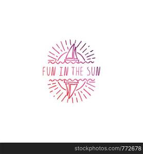 Hand drawn summer slogan with graphic elements isolated on white background. Gradient from coral and deep violet. Fun in the sun. Hand Drawn Summer Slogan Isolated on White. Fun in the Sun